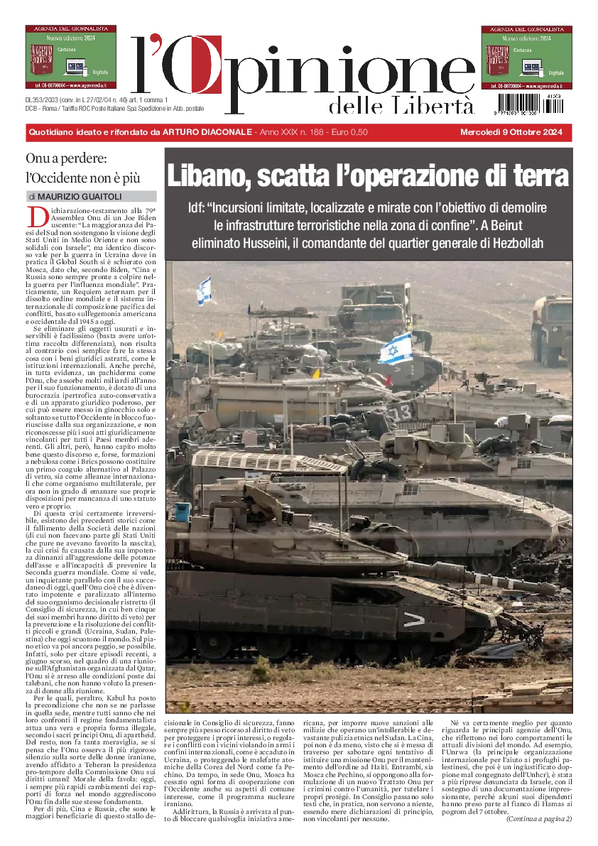 Prima-pagina-opinione della liberta-edizione-di-oggi-2024-10-09